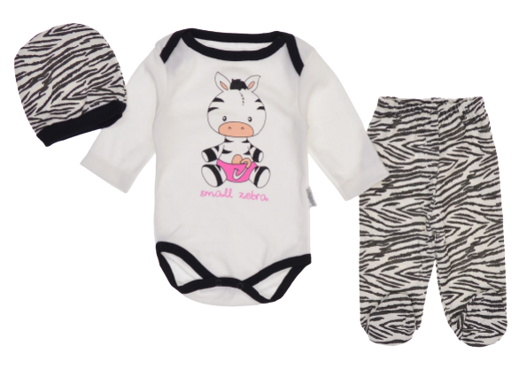 3-dílná bavlněná kojenecká souprava body polodupačky a čepička Zebra