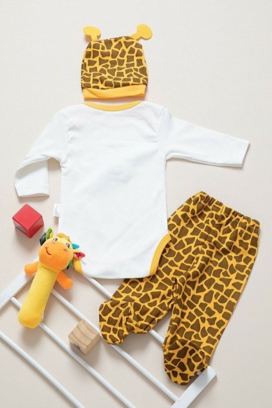 set 3 piese pentru bebeluși-body-panataloni cu boteșei-căciulă Girafa