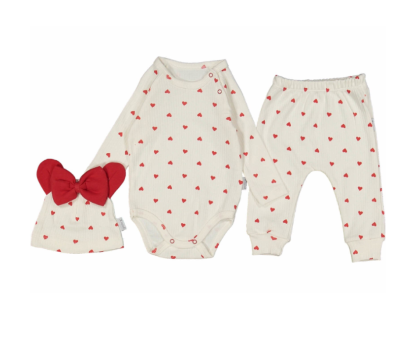 3-dílná dívčí souprava srdíčka – body, kalhoty a čepička