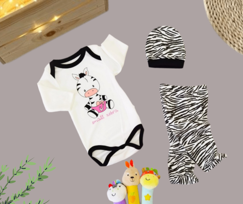 3-dílná bavlněná kojenecká souprava body polodupačky a čepička Zebra