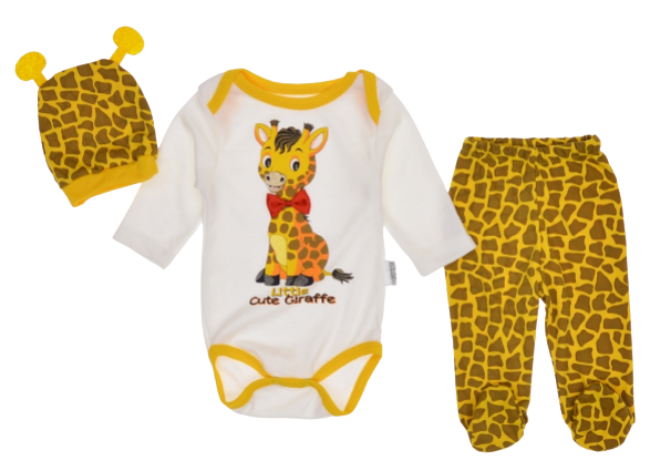 set 3 piese pentru bebeluși-body-panataloni cu boteșei-căciulă Girafa