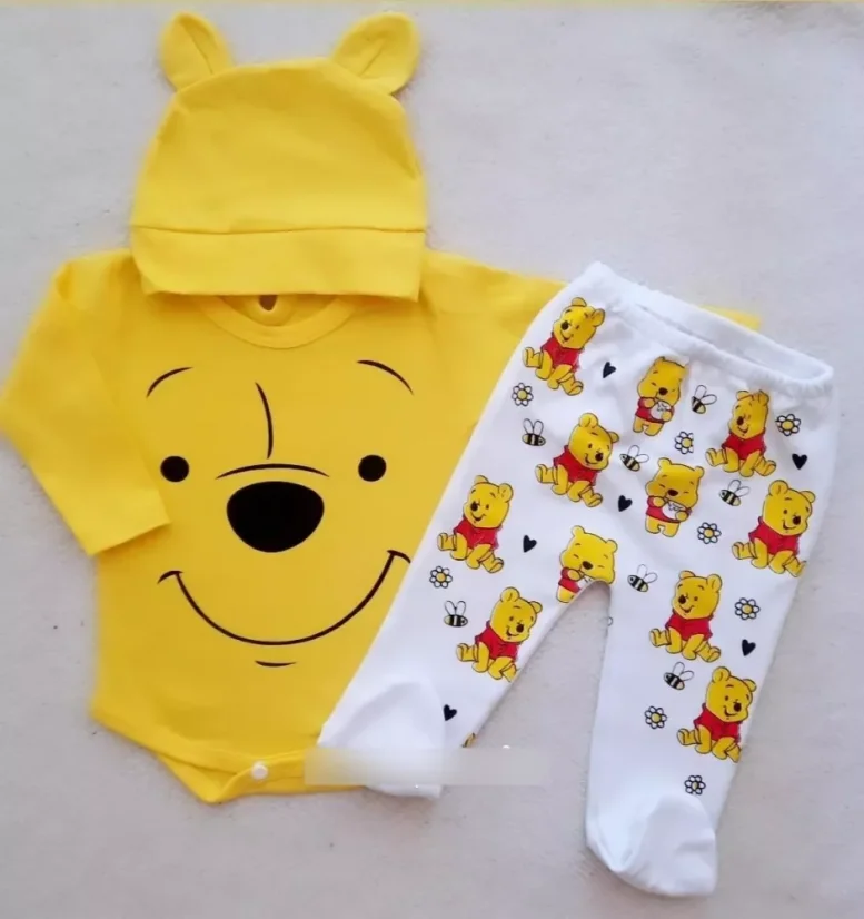 3-dílná dětská souprava body, tepláky, čepice Medvídek Pú