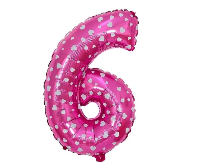 Palloncino in foil, numero 6, rosa con cuoricini, 78 x 50 cm