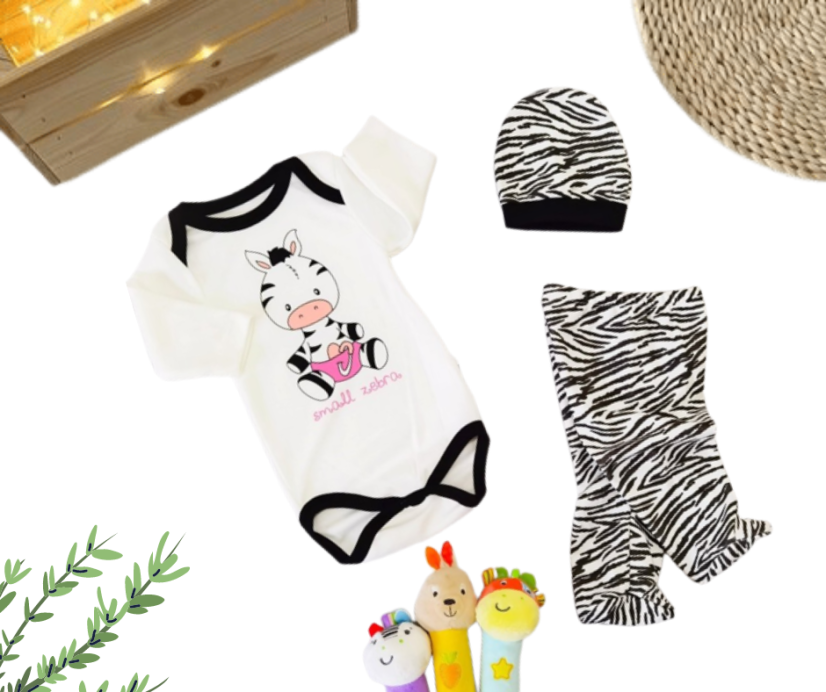 3-dílná bavlněná kojenecká souprava body polodupačky a čepička Zebra