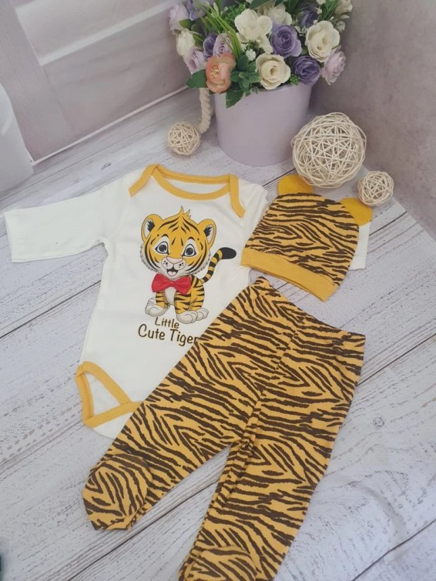 set 3 piese pentru bebeluși-body-panataloni cu boteșei-căciulă Tigry