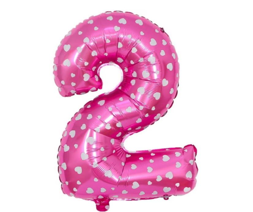 Palloncino in foil, numero 2, rosa con cuoricini, 79 x 49 cm