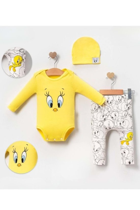 Completo neonati 3 pezzi cappellino, pantaloni, bodyTweety