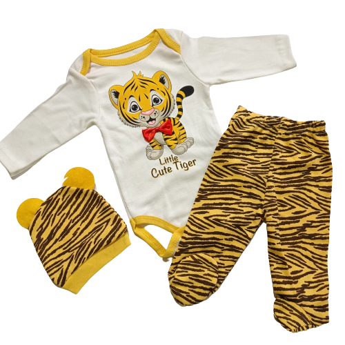 set 3 piese pentru bebeluși-body-panataloni cu boteșei-căciulă Tigry