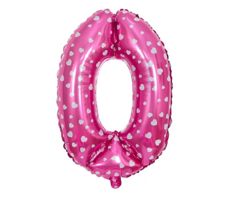 Palloncino in foil, numero 0, rosa con cuoricini, 75 x 54 cm