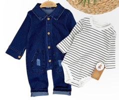 2dílná dětská souprava – džínový overal a pruhované body Baby