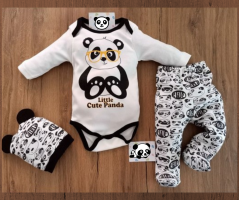 3-dílná bavlněná kojenecká souprava body polodupačky a čepička Panda