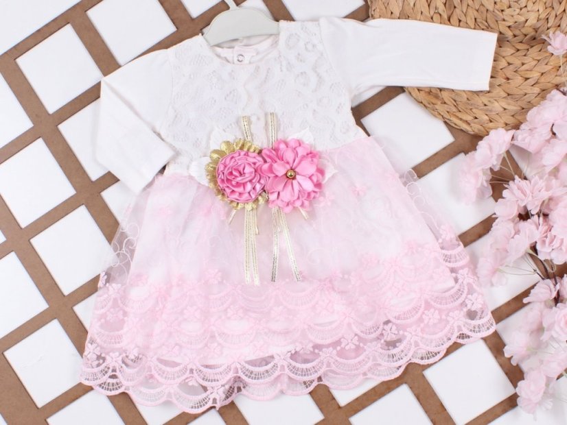 Abito elegante per bambina con pizzo e spilla floreale bianco-rosa