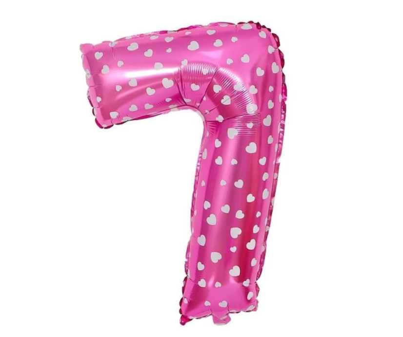Palloncino in foil, numero 7, rosa con cuoricini, 74 x 50 cm