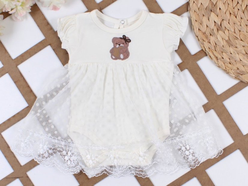 Body vestito per neonata con pizzo e ricamo orsetto crema
