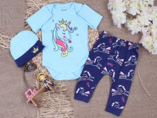 Set haine pentru bebe body, pantaloni, căciulă Unicorn