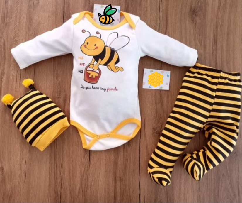 set 3 piese pentru bebeluși-body-panataloni cu boteșei-căciulă ALBINUȚA