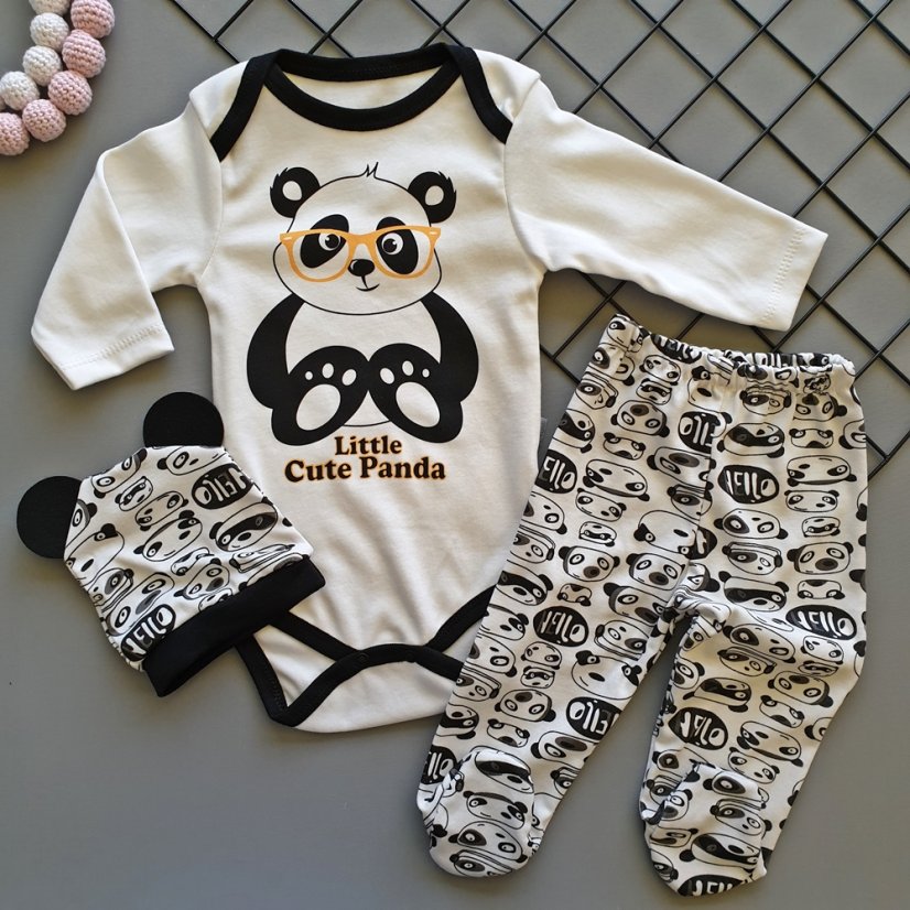 3-dielna bavlnená dojčenská súprava body, polodupačky a čiapočka Panda