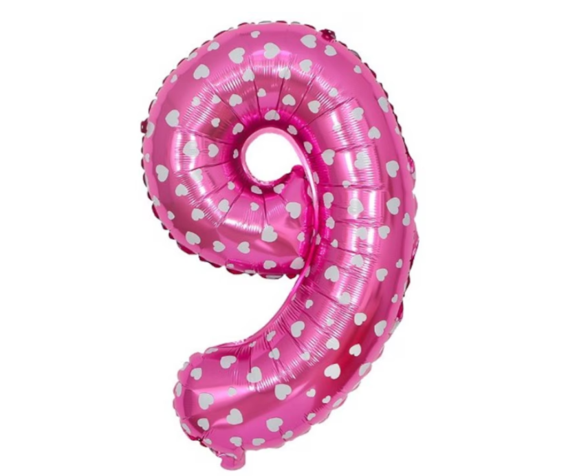 Palloncino in foil, numero 9, rosa con cuoricini, 78 x50 cm
