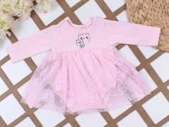 Body rochiță pentru bebeluși cu dantelă și broderie pisicuțe roz