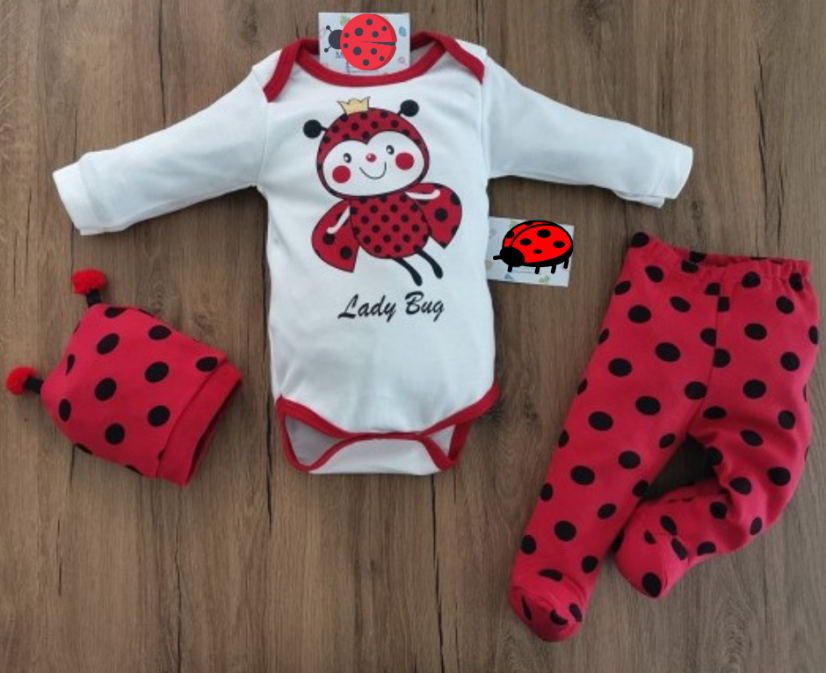 set 3 piese pentru bebeluși-body-panataloni cu boteșei-căciulă Lady Bug Buburuza - Mărime: 56/62 ( 0-3 m)