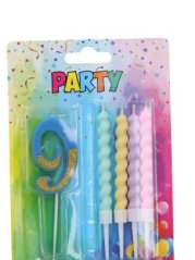 Svíčka číslo 9 + 4ks svíček, modrá