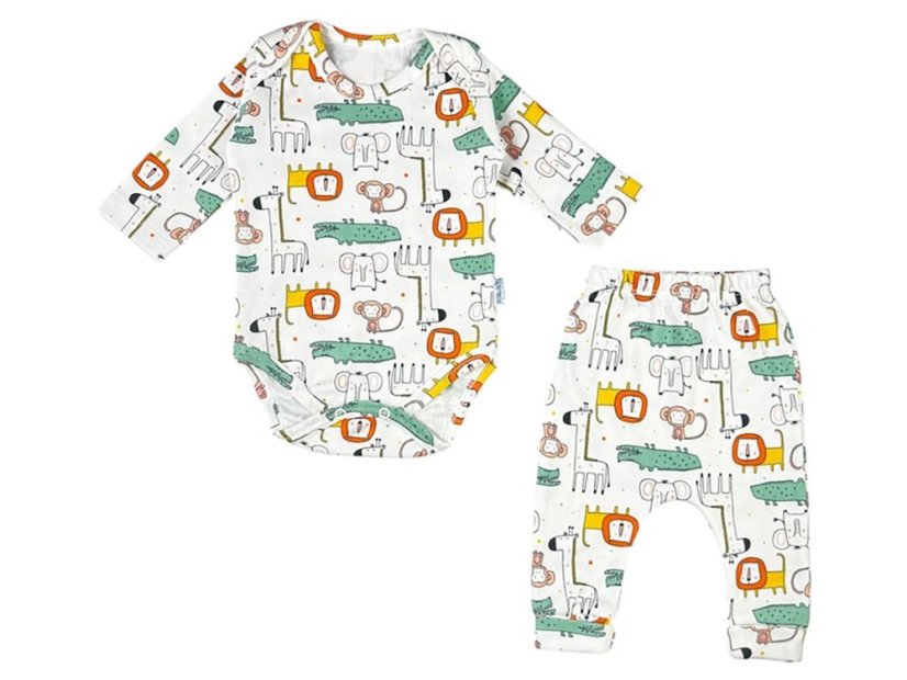 Completo bimbi 2 pezzi – body e pantaloni con animaletti Safari