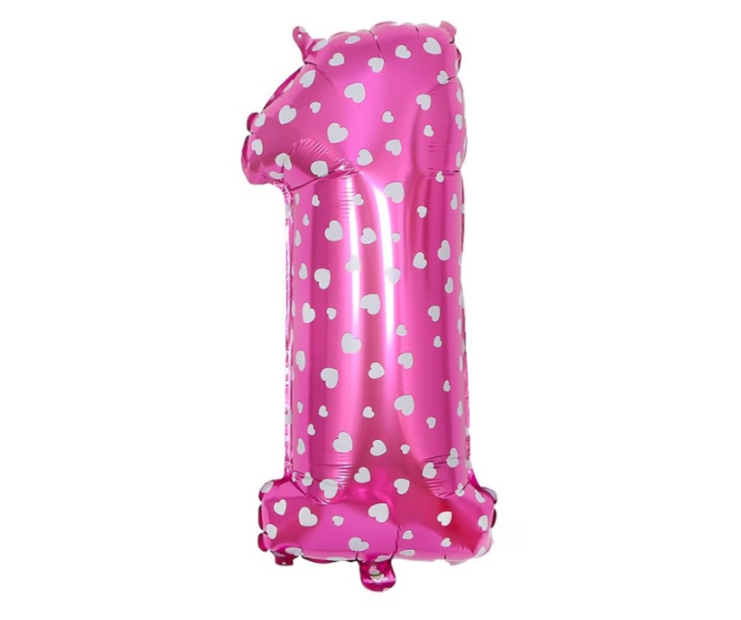 Palloncino in foil, numero 1, rosa con cuoricini, 76 x 34 cm