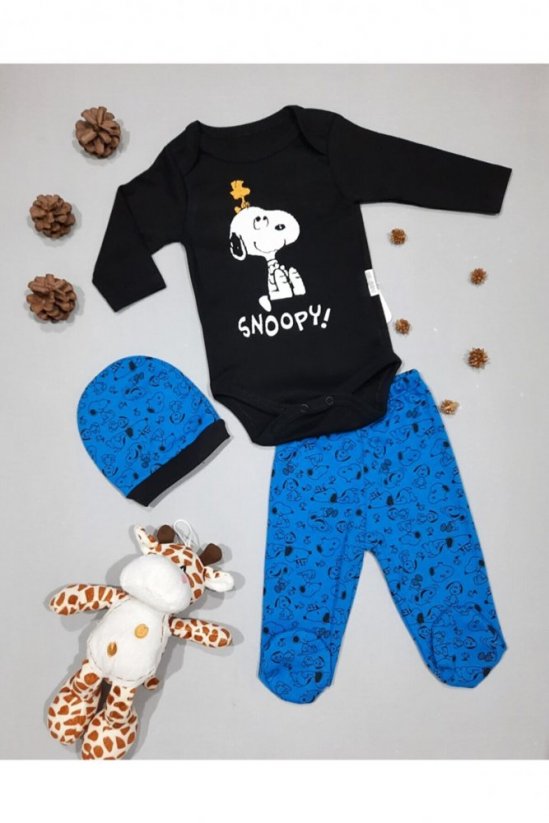 set 3 piese pentru bebeluși-body-panataloni cu boteșei-căciulă Snoopy