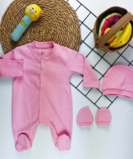 3-dielna bavlnená dojčenská súprava overal, čiapočka a rukavičky růžový