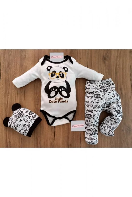 3-dielna bavlnená dojčenská súprava body, polodupačky a čiapočka Panda
