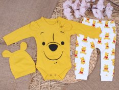 Set haine pentru bebe body, pantaloni, căciulă Winnie the Pooh