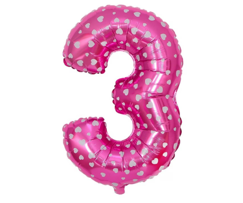 Palloncino in foil, numero 3, rosa con cuoricini, 85 x 49 cm