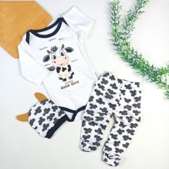 set 3 piese pentru bebeluși-body-panataloni cu boteșei și căciulă Văcuța