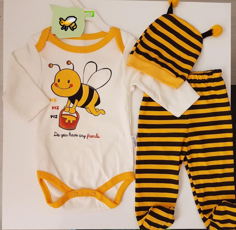 set 3 piese pentru bebeluși-body-panataloni cu boteșei-căciulă ALBINUȚA