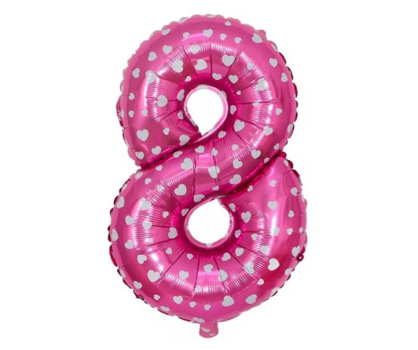 Palloncino in foil, numero 8, rosa con cuoricini, 84 x 54 cm
