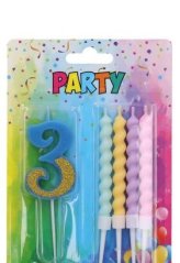 Svíčka číslo 3 + 4ks svíček, modrá
