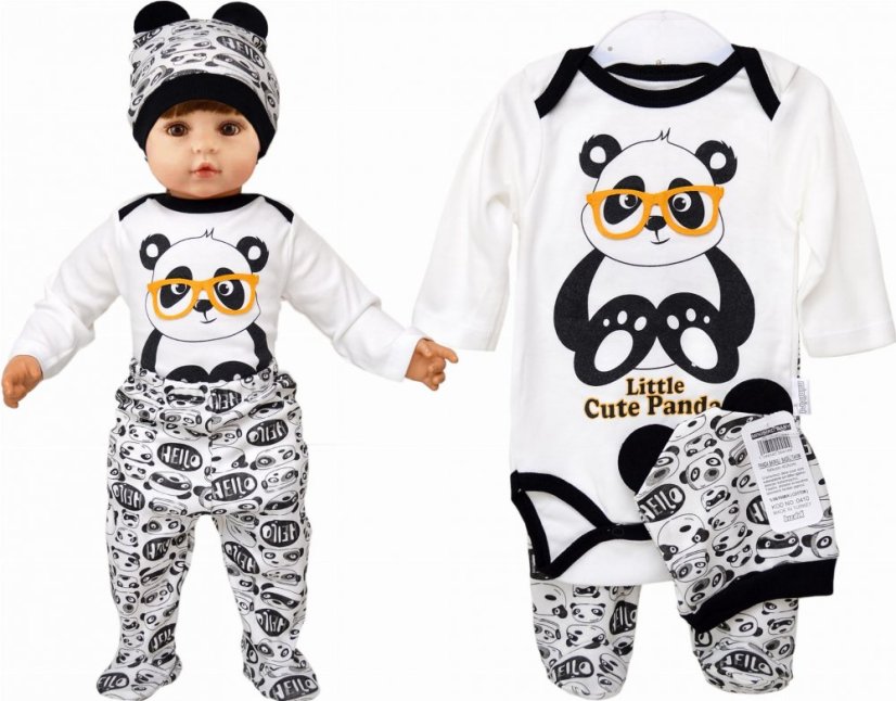 3-dielna bavlnená dojčenská súprava body, polodupačky a čiapočka Panda