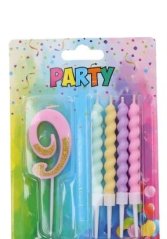 Svíčka číslo 9 + 4ks svíček, růžová