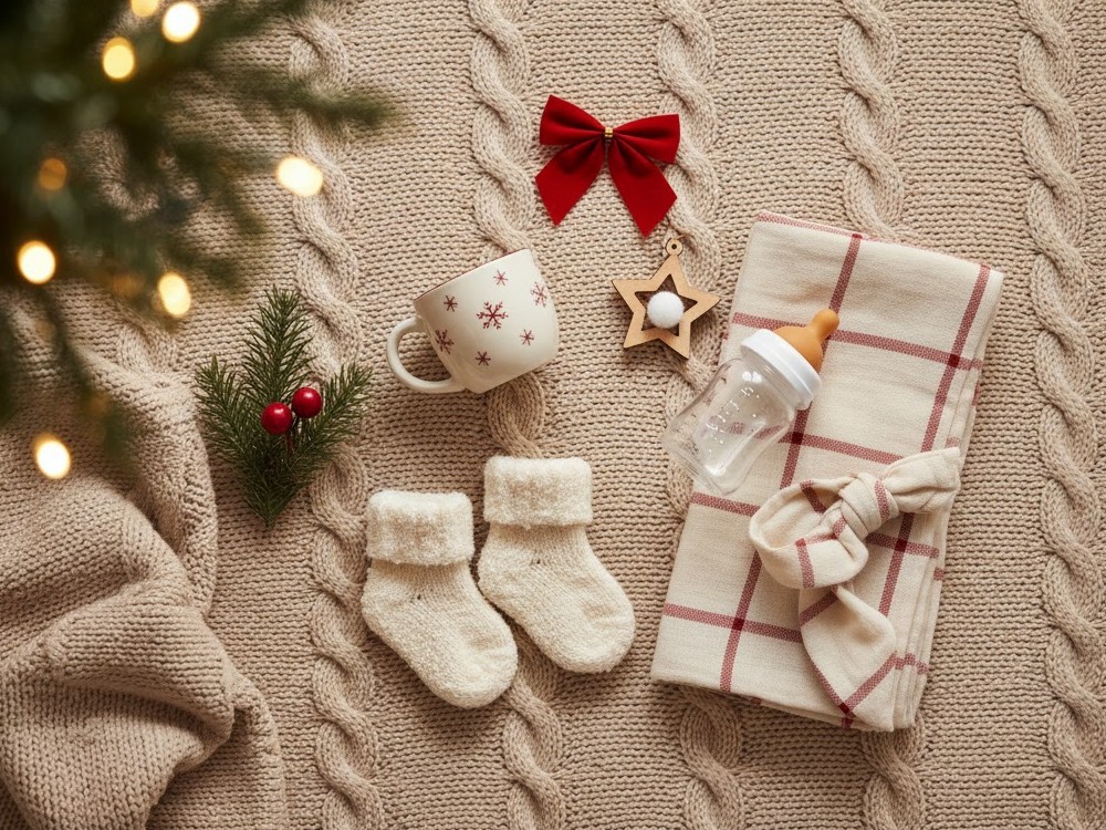 Koláž vánočních dárků pro miminka – ponožky, hrníček, láhev a dečka