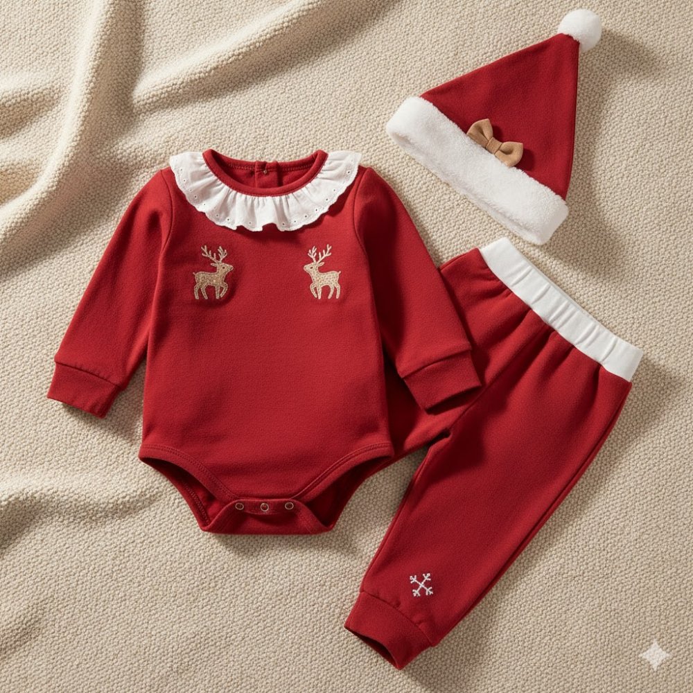 Detail vánoční soupravy pro miminko – body, tepláčky a čepička